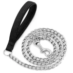 Chrome Chain Dog Pet Leash w/ Black Leather Strap Strong Holding 50 in