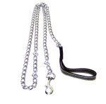 Chrome Chain Dog Pet Leash w/ Black Leather Strap Strong Holding 50 in - Image 3
